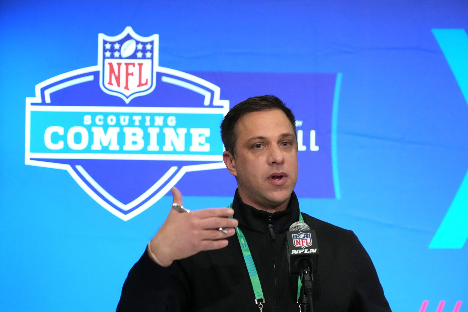 Feb 27, 2024; Indianapolis, IN, USA; Kansas City Chiefs general manager Brett Veach speaks during a press conference at the NFL Scouting Combine at Indiana Convention Center. Mandatory Credit: Kirby Lee-USA TODAY Sports  